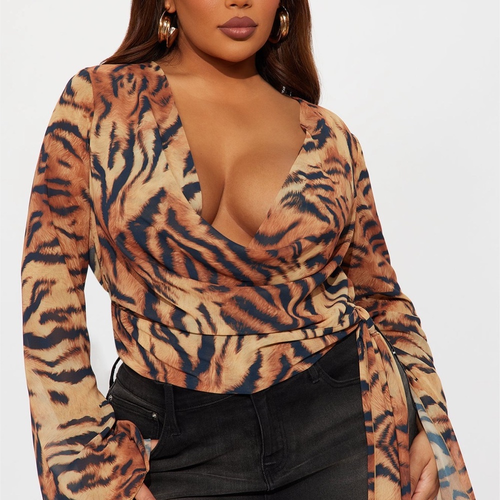 Sexy animal Print Wrap Blouse - Orange and Black